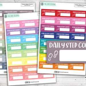May include: A set of colourful daily step count stickers with a blank space to write in the number of steps. The stickers are designed with a rainbow colour scheme and feature a small footprint icon. The text "Daily Step Count" is written in a white font on a grey background.