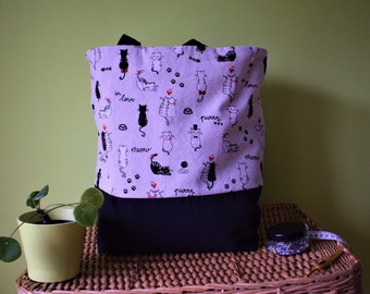 Grand sac de projet pour le tricot, le crochet, la couture. Sac de projet avec cordon de serrage, motif de chats chat minou.