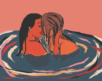 May include: Two people with long dark hair are embracing in a swirling blue, pink, and white water pattern. The people are facing each other and their foreheads are touching. The background is a solid light pink.