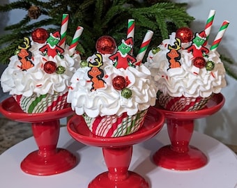 Mr Grinch with Max Christmas Cupcake, Fake Cupcake, Tiered Tray Grinch Decor