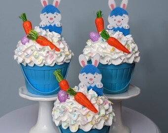 Fake Easter Cupcake Whipped Cream Bunny Basket Tiered Tray Decor