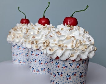 Fake Faux Cup Cake Whipped Cream Cherry on Top Tiered Tray Decor