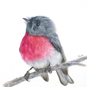 Pink Robin - Dipinto a olio originale, illustrazione di animali, arte di uccelli, opera d'arte moderna colorata, uccello dipinto a mano, arredamento per la casa, 9x12