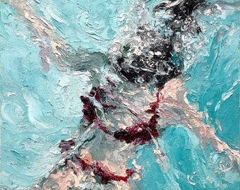 Underwater - Original Oil Painting, Girl in the Pool, Modern Colorful Artwork, Swimming Ocean Beach, Abstract Wall Decor, 9x12