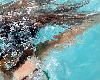Aquatic Blur - Original Oil Painting, Woman Underwater, Modern Abstract Art, 9x12