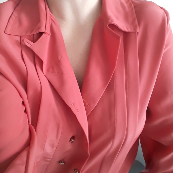 vintage blouse à double poitrine brodé saumon corail plissé 80s 90s L XL