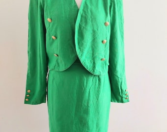 Vintage green linen skirt and blazer/jacket/top set/suit, linen mini skirt, 1980s big shoulder jacket D40/UK14