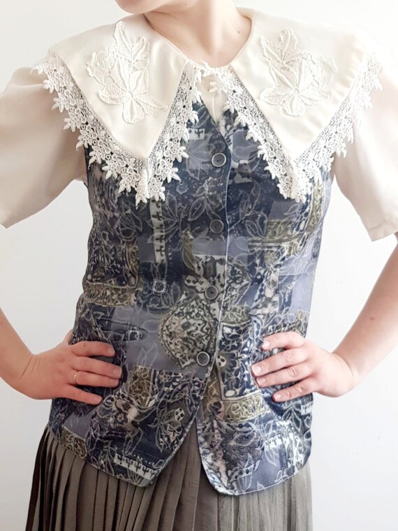 Vintahe floral 90s green suit vest waistcoat top size… Gem