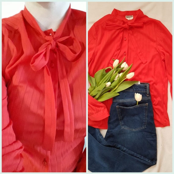 Vintage red blouse, bow tie blouse, retro blouse,… - image 1