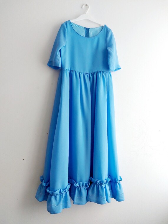 Vintage sky blue ruffle dress, 70s maxi dress, bl… - image 1