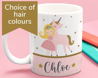 Personalised Unicorn and Princess Fairytale Mug, Cute Kids Mug, Gift for Niece, Gift for Granddaughter, Personalised Kids Mug, Princess  Mug