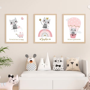Personalised Girls Bedroom Décor, Set of 3 Cat Bedroom Wall Art, Set of 3 Nursery Prints for Girls, Cat Prints for Girl, Cat lover gift