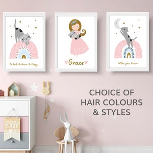 Personalised Girls Bedroom Décor, Set of 3 Bedroom Wall Art, Cat Nursery Prints for Girls, Cute Cat Prints for Girl, Custom Gift for girls