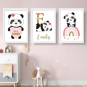 Personalized Panda Nursery Prints: Girls Bedroom Wall Art, Set of 3
