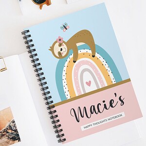 Personalized Sloth Notebook, Girl's Diary, Rainbow Illustration