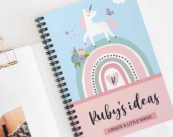 Personalized Unicorn Spiral Notebook, Rainbow Design, A5