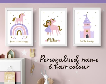 Personalised Unicorn Princess Art Prints: Purple Nursery Decor (Set of 3)