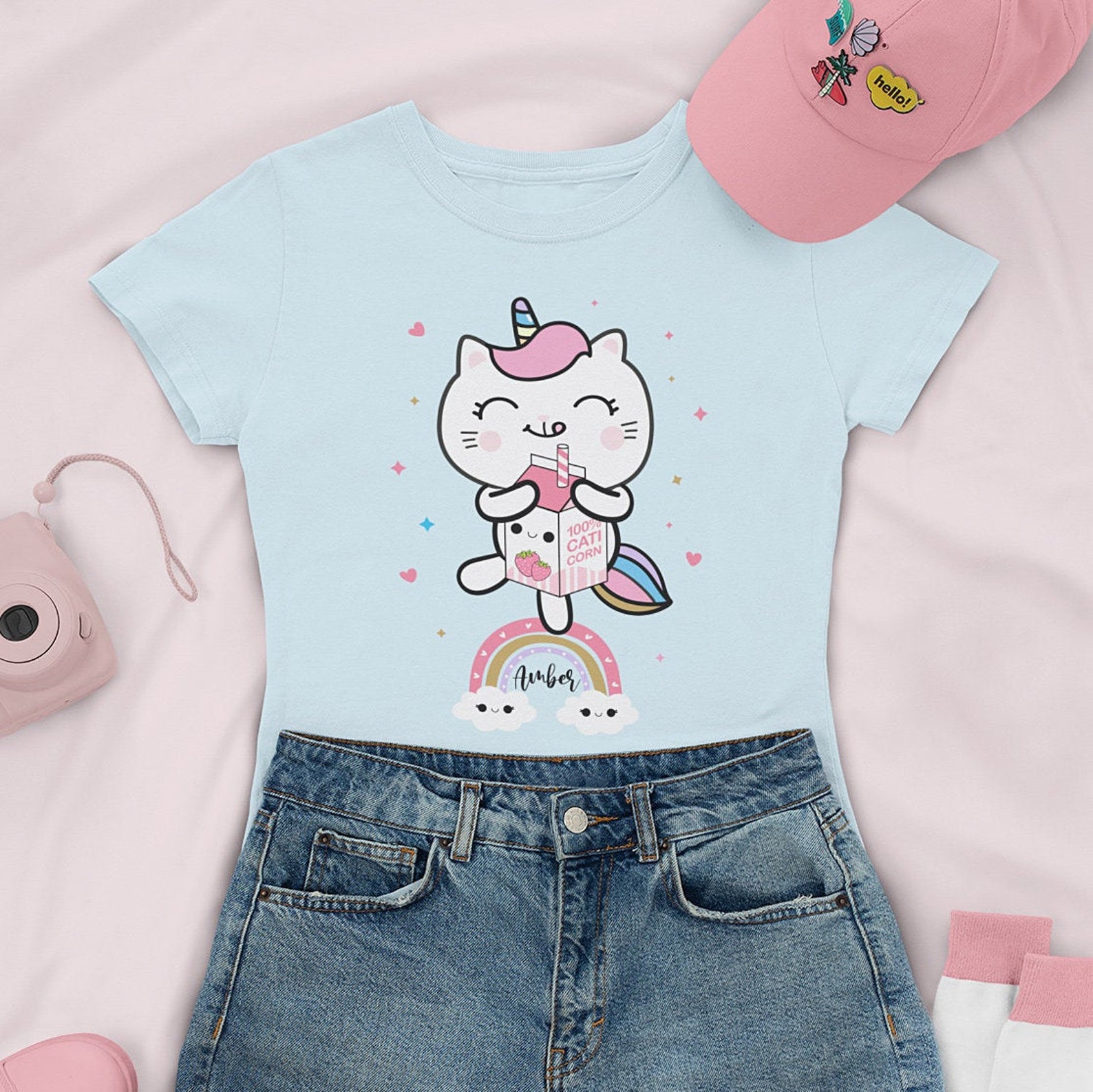 Personalised Cat Tshirt for Girls Kawaii Cat TopKids Cat Etsy