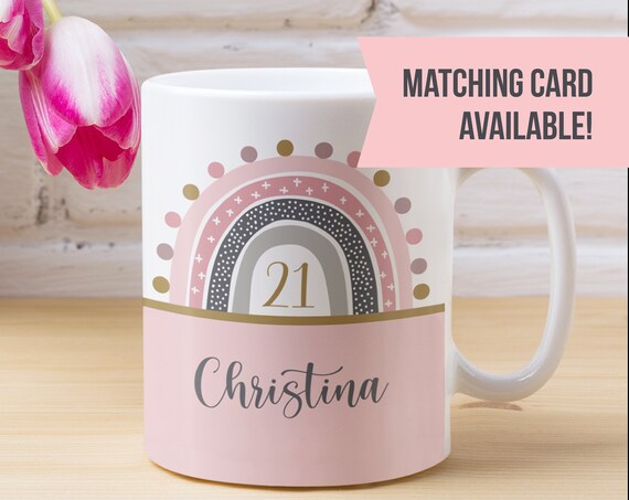 Personalized 21st Birthday Mug: Rainbow Coffee Cup, Custom Name