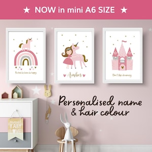 Personalised Unicorn Prints Set for Toddler Girl Bedroom Decor