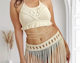 Daisy Handmade Macrame Top and Midi Skirt Set: Boho Festival Clothing