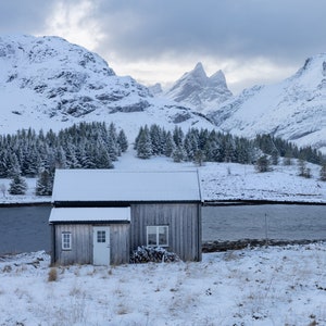 Lofoten Islands, Log Cabin House, Norway Landscape Winter Print