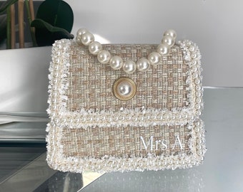 Personalised bridal Pearl handbag, woven bag, bridal shower gift, honeymoon gift, gifts for bride,bride to be hen party, Pearl clutch bag