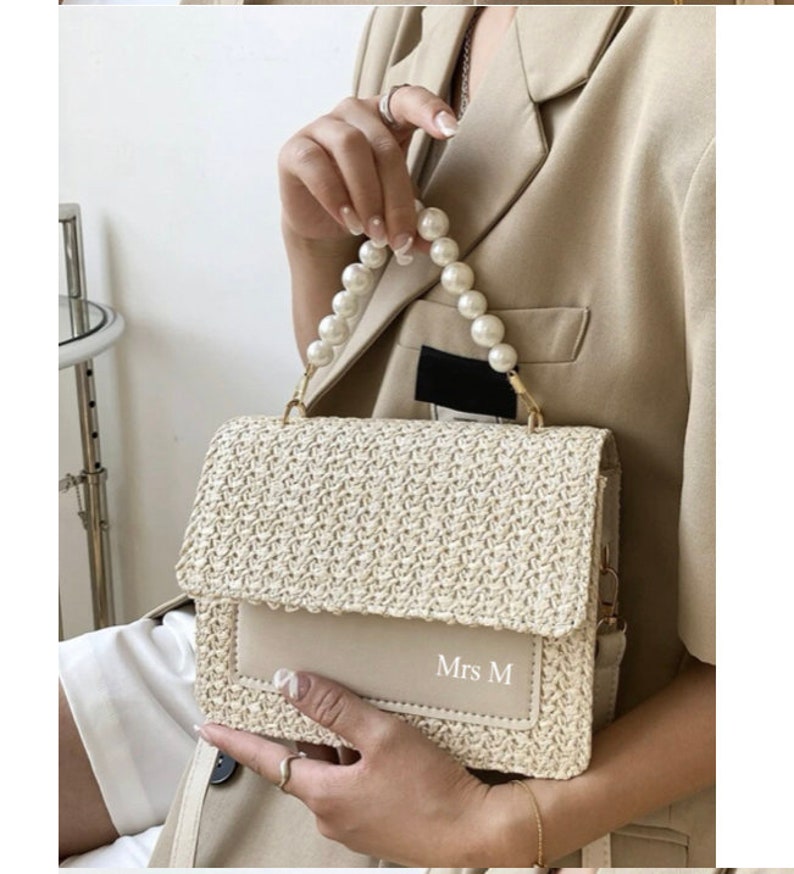 Personalised bridal Pearl handbag, woven bag, bridal shower gift, honeymoon gift, gifts for bride,bride to be hen party, Pearl clutch bag 