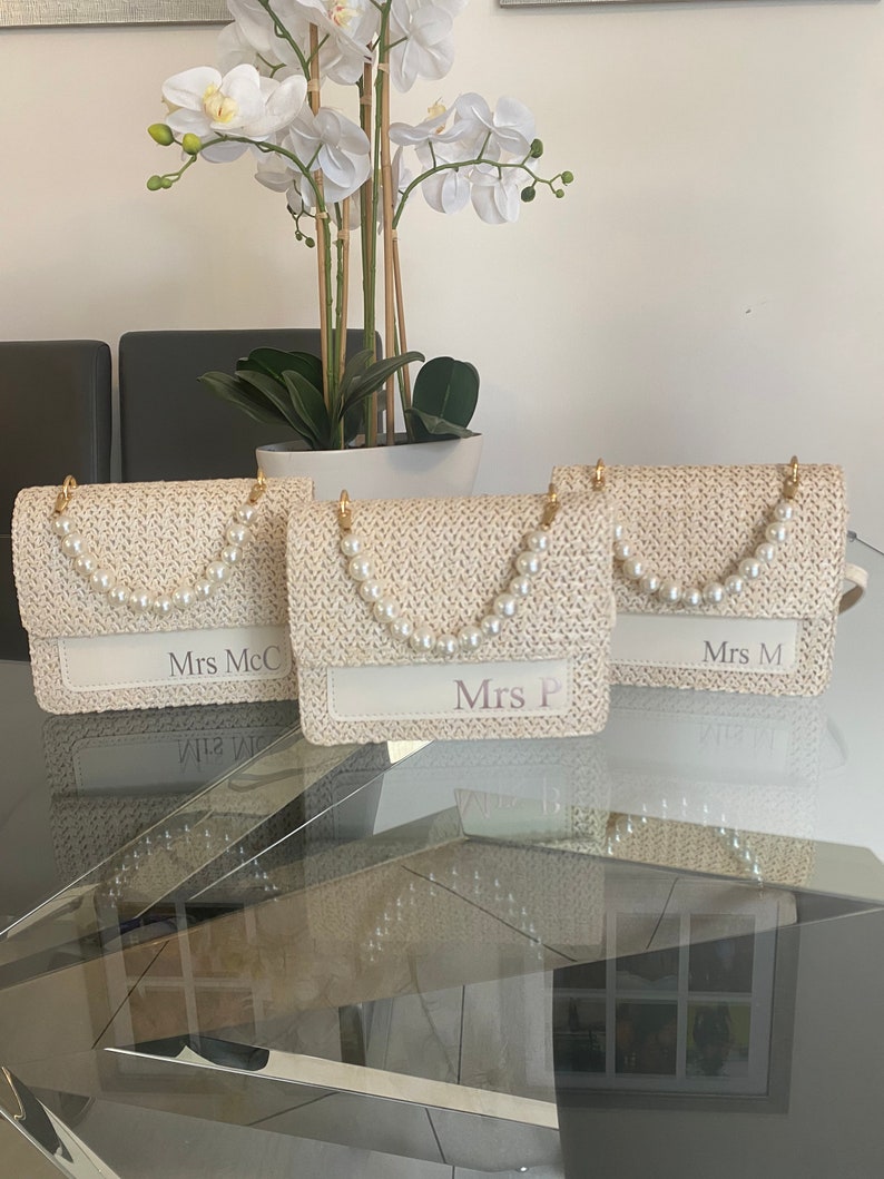 Personalised bridal Pearl handbag, woven bag, bridal shower gift, honeymoon gift, gifts for bride,bride to be hen party, Pearl clutch bag 