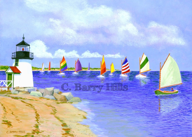 May include: A white lighthouse with a black roof and a red door stands on a sandy beach.  The lighthouse is surrounded by colorful sailboats in the blue water.  The text "C. Barry Hills" is printed on the image.