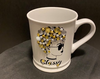 Personalized 11 oz. Coffee Mug, Gift for Her, Gift ideas, Afro American Bejewled Lady in Gold, free shipping