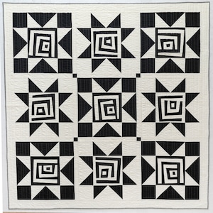 Shining Star by Suzy Quilts, Black and White Quilt Kit, peppered cotton quilt kit with metallic floral backing