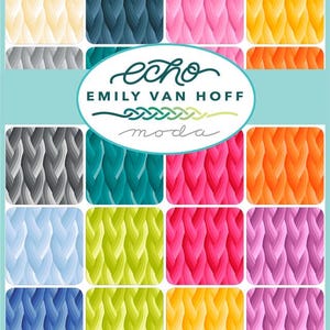 May include: A fabric design featuring a repeating braided pattern in various colors, including yellow, blue, pink, and orange. The design is arranged in a grid, with the "echo EMILY VAN HOFF moda" logo in the center.