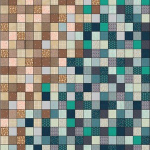 May include: A quilt with a patchwork design featuring a variety of patterns and colors. The quilt is made up of 100 squares, each with a different pattern. The colors in the quilt are mostly brown, beige, teal, and blue.