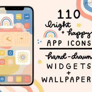 May include: A phone screen mockup with a colorful, hand-drawn design. The screen shows a variety of app icons and widgets, including a calendar, clock, and weather app. The text "110 bright + happy APP ICONS" is displayed on the screen.