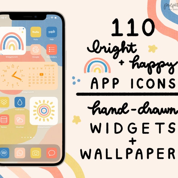 110 Bright + Happy App Icons (in 4 Colors)  | BONUS Hand-drawn Widgets & Wallpapers | 440+ iPhone iOS 16 App Covers