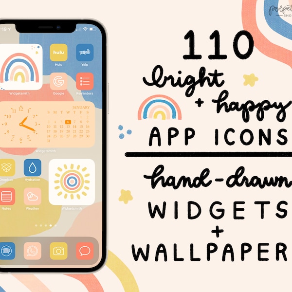 110 Bright + Happy App Icons (in 4 Colors)  | BONUS Hand-drawn Widgets & Wallpapers | 440+ iPhone iOS 16 App Covers