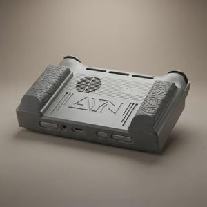 May include: A dark gray handheld gaming console featuring a textured grip on both sides, a circular ventilation grille, and the AYN logo embossed on the back. The device includes a headphone jack, a USB-C port, and several buttons along the bottom edge.