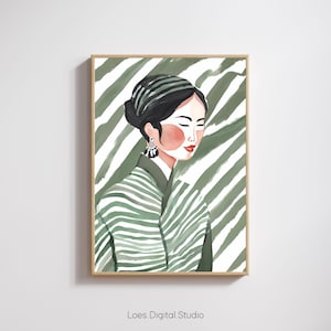 Poster con illustrazione di una donna elegante a strisce verdi in stile kimono con aspetto sereno per la decorazione d'interni moderna, download digitale