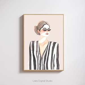 Elegant striped woman contemporary artwork minimalist print living room wall poster stripe abstract print digital download