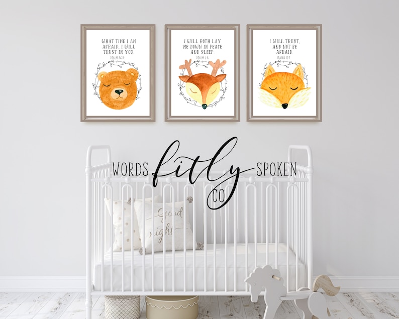 Bible Verse Nursery Wall Art, Woodland Nursery Decor, Woodland Animals