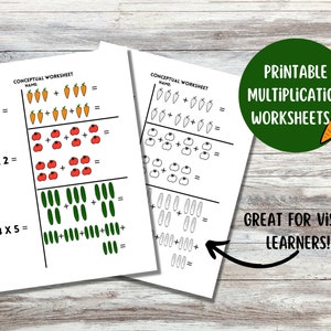 May include: Printable multiplication worksheets for visual learners. The worksheets feature images of carrots, tomatoes, and cucumbers to help children visualize the multiplication problems. The worksheets include the equations 2 x 3, 4 x 2, and 3 x 5.