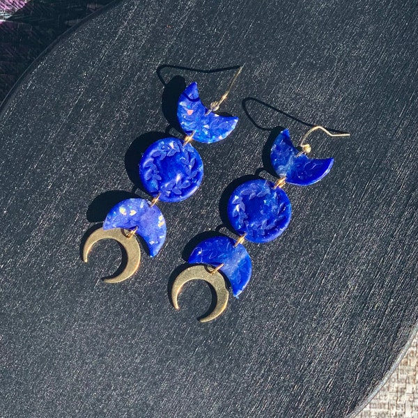 Moon dangle earrings, brass moon, unique moon earrings, polymer clay earrings, Valentine’s Day earrings