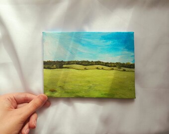 Original Small Landscape Canvas Painting 12cm x 16cm with Easel "Open Fields and Skies" - Hand Painted Handmade Nature Birthday Art Gift