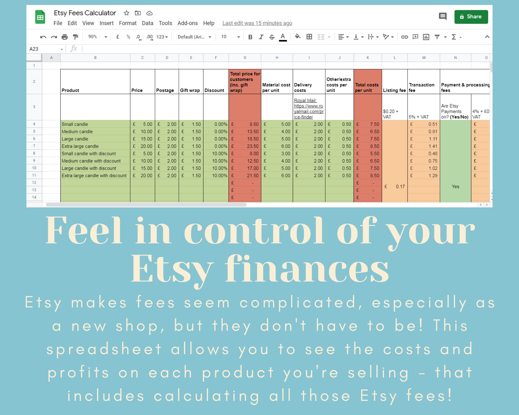 Etsy Fees Calculator Spreadsheet for Google Sheets UK Etsy Etsy