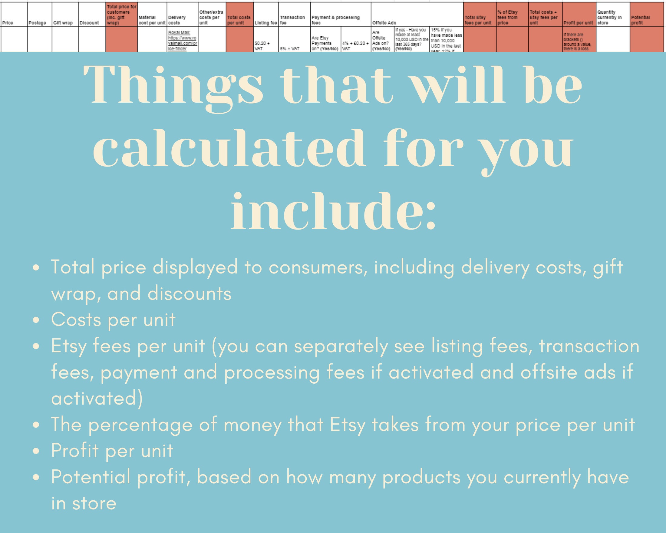 Etsy Fees Calculator Spreadsheet for Google Sheets UK Etsy Etsy