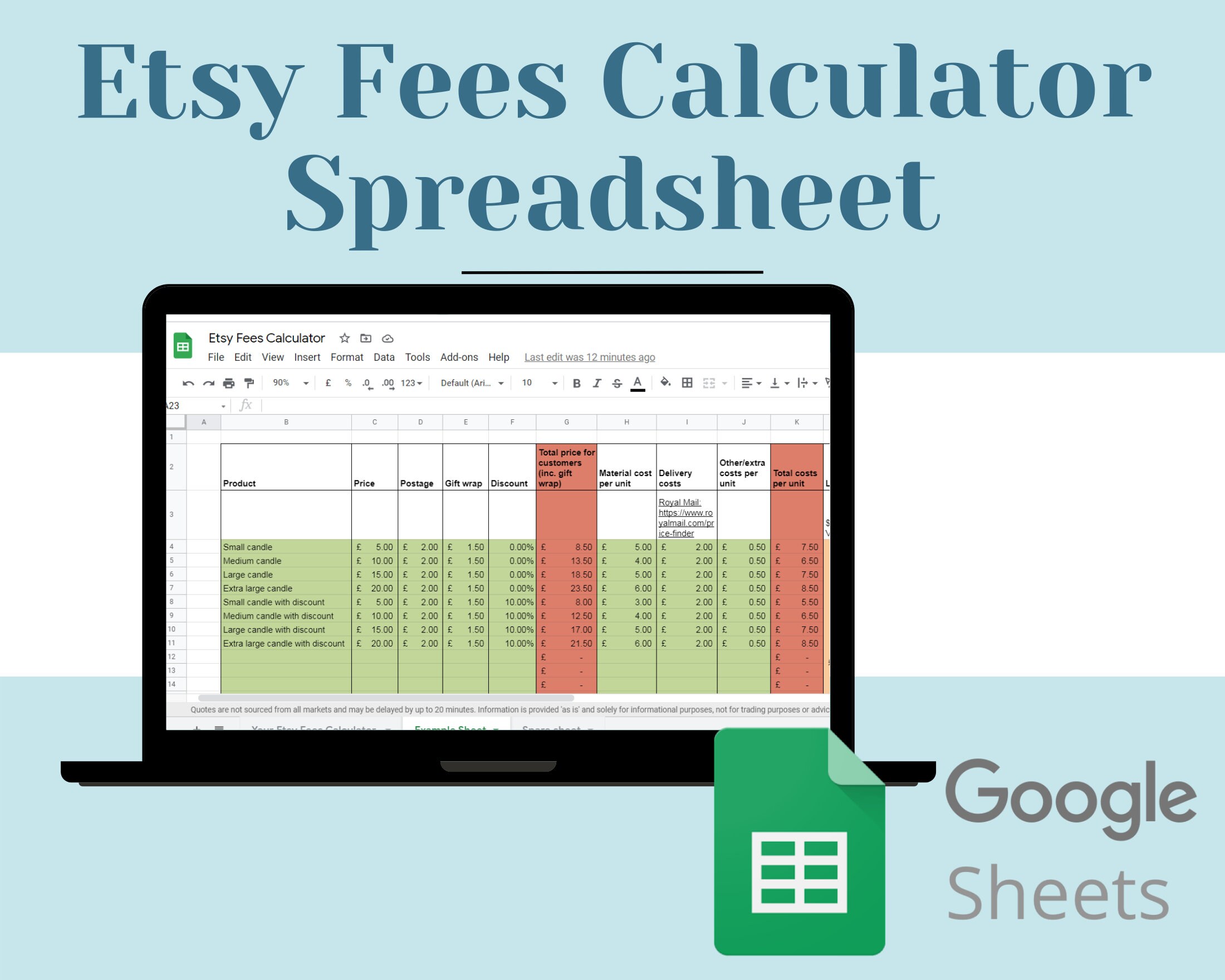 Etsy Fees Calculator Spreadsheet for Google Sheets UK Etsy Etsy