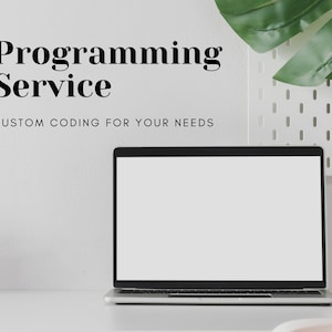 Op de afbeelding: Een laptop met een leeg wit scherm staat op een wit bureau. De tekst "Programming Service" en "CUSTOM CODING FOR YOUR NEEDS" staat op de muur achter de laptop.