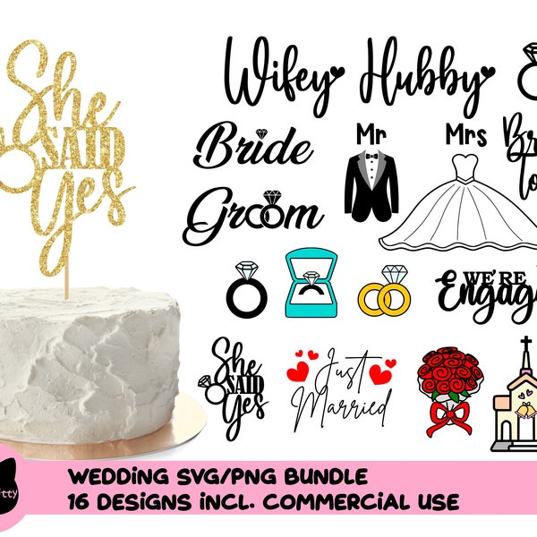 Wedding Bundle SVG, Wedding Bundle PNG, Wedding SVG, Just married svg, Engaged svg, cake topper svg, newly wed svg, bride svg, groom svg png