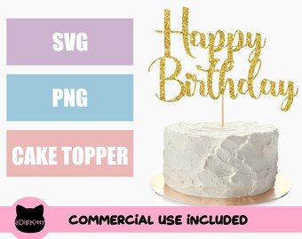 ハッピーバースデーケーキトッパー SVG PNG、Cricut シルエットカットファイル（デジタルダウンロード）